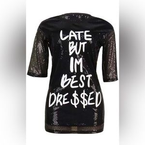 Womens Letter Print Sequin Mini T-Shirt Dress